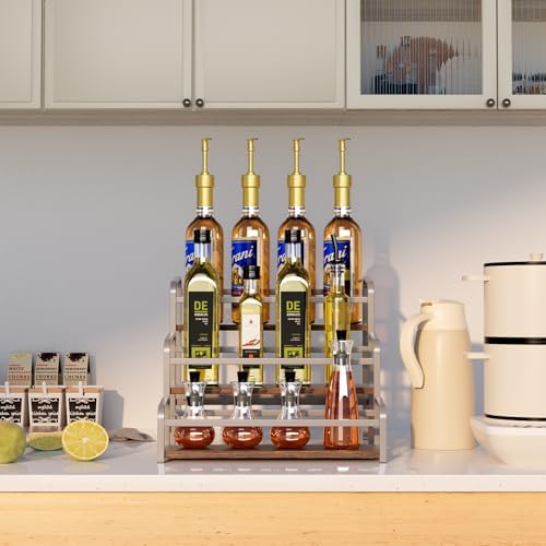 3-Tier Coffee Syrup Rack for Countertop, Large Capacity 12-Bottles Syrup Stand with Wood Shelf & Metal Frame for Coffee 