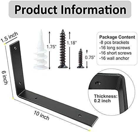 Shelf Brackets 10 Inch Wall L Brackets 8PCS Heavy Duty for Shelves Metal Black Rustic Industrial Brackets for DIY Openin
