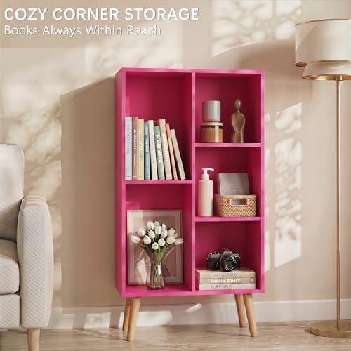 YAHARBO Small Pink Bookshelf,3 Tier Modern Kids Bookcase with Legs,5 Cube Wooden Bookshelves Storage Shelf,Book Shelves 