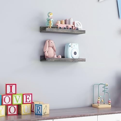 FLYJOE Picture Ledge Wall Shelves 16 inch Width Set of 2, Solid Pine Wood Rustic Floating Ledge Shelves for Wall for Kids' Room Bedroom Kitchen Bathroom Living Room Nursery Display Wall Decor, Grey