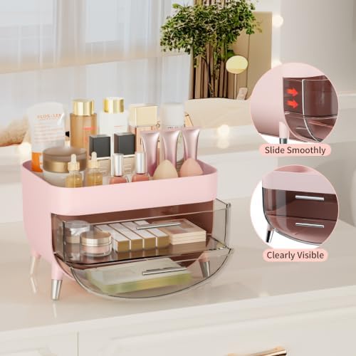 Jywantful Makeup Organizer for Vanity, Pink Skincare Storage with 2 Drawers