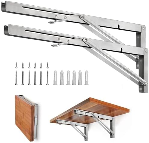 Storystore Folding Shelf Brackets - 24 Inch Heavy Duty Stainless Steel Collapsible Shelf Bracket for Bench Table, Space 