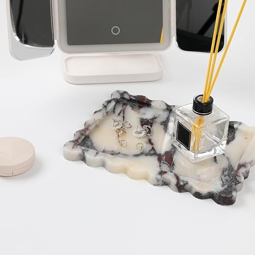 Luxury Calacatta Marble Tray 11" x 8", Marble Vanity Tray for Countertop Bathroom Dresser Kitchen, Scalloped Natural Sto