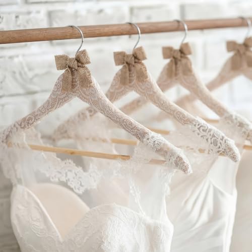 Wonderjune White 10 Pcs Bride Hanger for Wedding Bride Groom Bridesmaid Ribbon Bow Pearl Hanger Wood Color Elegant Wooden Dress for Bridal Shower Tuxedo Photo Keepsake Party Gift (Lace Linen)