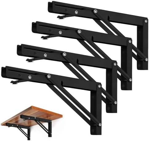 Storystore Folding Shelf Brackets, 8 Inch 4 Pcs Black Stainless Steel