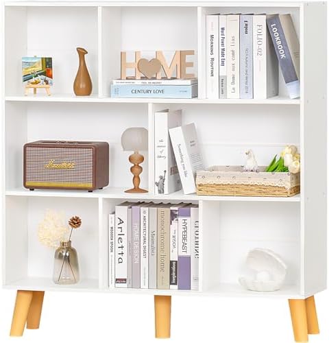 YAHARBO 8 Cube White Bookshelf,3 Tier Book Shelf with Legs,Modern Minimalist Bookcase,Open Book Shelves Storage Organize