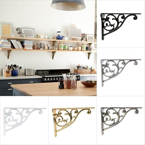 Khtumeware 8 Pack Antique Brass Shelf Bracket 8 Inch, Decorative Brackets for Shelving, Heavy Duty Vintage Ornate Shelf 