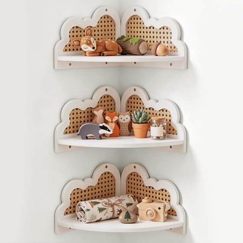 3 Pcs Cloud Floating Corner Shelf Set Boho Rattan Storage with Natural Pine Wood Frame Cute Corner Shelves for Wall Home