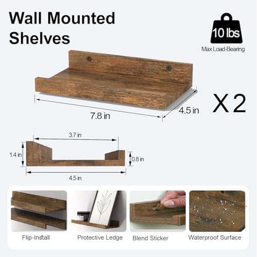 Small Brown Floating Shelves for Wall, Shelf with Lip Set of 2, 8 in