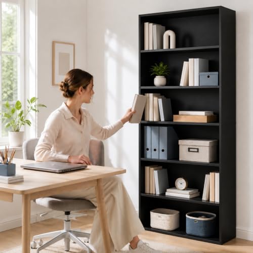IULULU 6 Tier Bookcase with Open Storage Shelves, Black