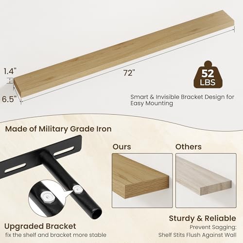 Axeman 72 Inch Floating Shelves for Wall, 2 Packs, Invisible Brackets, Oak