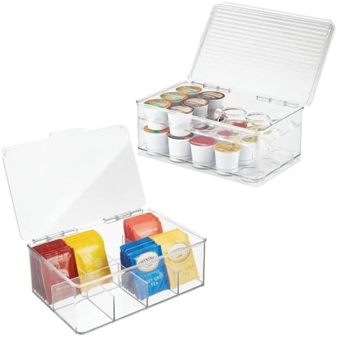 mDesign Plastic Stackable Divided Storage Organizer with Lid for Tea Bags and Coffee Pods in Kitchen Cabinet, Countertop