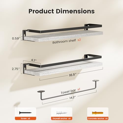 Amada Bathroom Shelves with Towel Bar, Set of 2, White