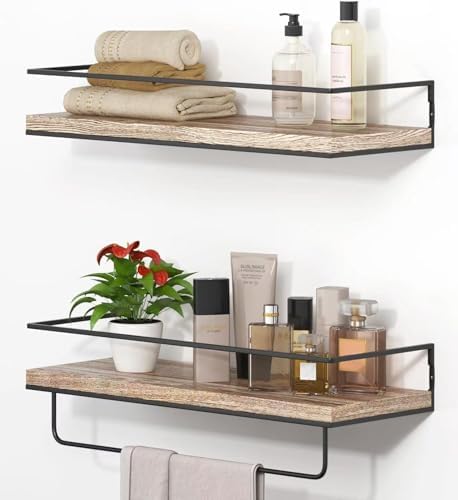 Shario Rustic Wood Floating Shelves - Set of 2, Wall Mounted Hanging Shelves with Black Towel Rack, Decorative Storage S