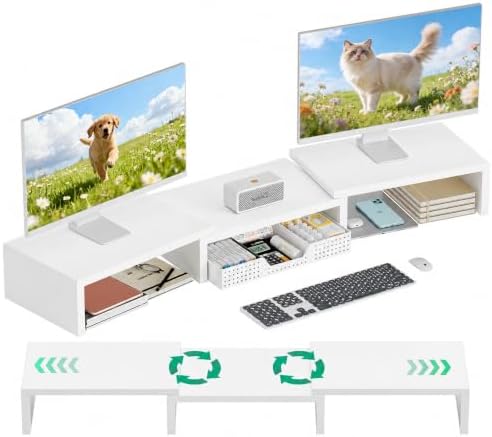 OPNICE Dual Computer Monitor Stand Riser, Desk Organizer with Drawer, Office Desk Accessories & Workspace Organizers for