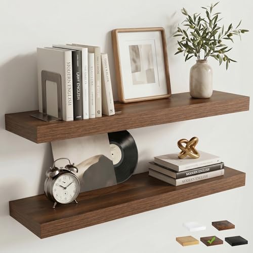 24In Floating Shelves for Wall, 6.5"D Wood Storage Shelves, Walnut Finish