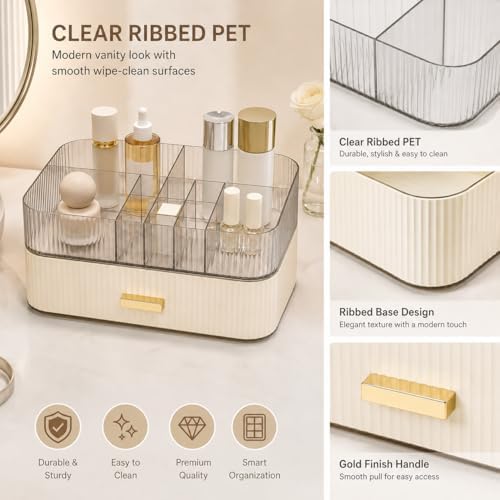 Makeup Organizer with Wide Drawer for Vanity, Stackable Cosmetic Organizer Countertop, Clear Skincare Storage for Bathro