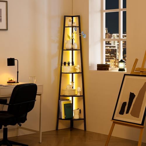 Yoobure Corner Shelf Stand, 5-Tier Bookshelf with LED Lights & Steel Frame, Tall Storage Shelves for Living Room, Bedroo