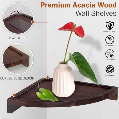 Demigo Round Floating Corner Shelves, Dark Brown Wall Shelf, Set of 2