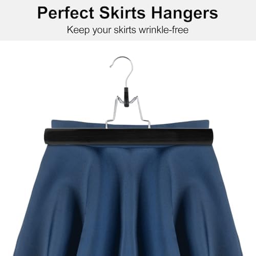 AMKUFO 12 Pack Black Wooden Pants Hangers with Clips Non Slip Skirt Hangers Trouser Clamp Hanger Solid Wood Hanger with 360° Swivel Hook