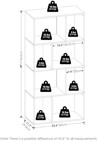 Furinno DALY Book Shelf, 8-Cube Bookshelf, Cube Storage Organizer Bookcase with Irregular Compartments, 11.7 x 23.6 x 49