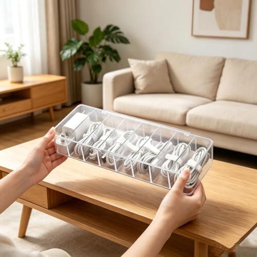 cord organizer box, 10.2 x 3.5 x 2.2in, Desktop Cord Organizer with Compartments (1)
