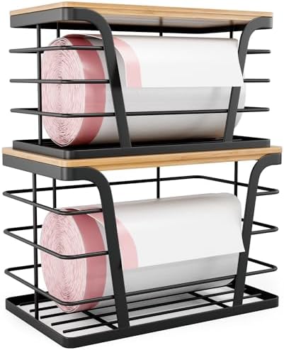 TIDIIABODE 2 Pack Stackable Storage Laundry Kitchen Organizers, Wall Mount Trash Bag Holder with Bamboo Top and Garbage 