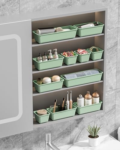Canfanni 13 Pack Plastic Drawer Organizers Set, 3 Sizes Desk Drawer Organizer Trays for Vanity and Makeup Organizer, Organization and Storage for Makeup, Kitchen Utensils, Bathroom and Office(Green)