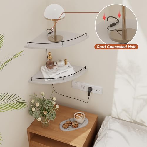 JJL Corner Shelf Wall Mounted, 12 Inches 2-Tier Floating Corner Shelf, Fan-Shaped Rustic Wood Decor with Fence, White Fl