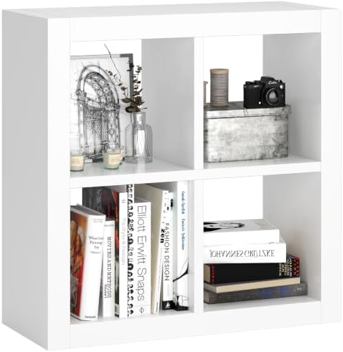 furtble Bookshelf with Storage Bin, 4-Cube Storage Organizer, Modern Wood Open Bookcase, Multifunctional Display Shelf f