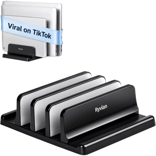 Ryvlan Vertical Laptop Stand, 3 Slot Adjustable Laptop Storage Rack and Desk Organizer, Silicone-Padded Holder for Multi