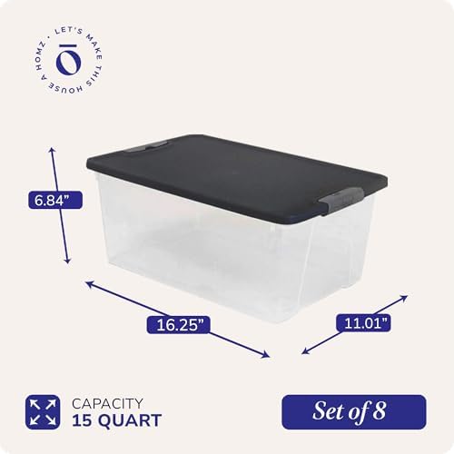 HOMZ 8-Pack Snaplock, Small Clear Plastic Storage Organizer Bins with Lids, 15 Quart, Gray - Stackable Container Boxes f