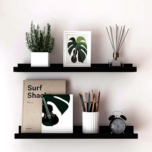 Black Floating Shelves for Wall Decor, 24 in Shelf with Lip Set of 2