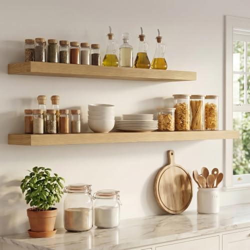 8 inch Deep Floating Shelves for Wall, 72" Wide, Oak Finish, 2-Pack