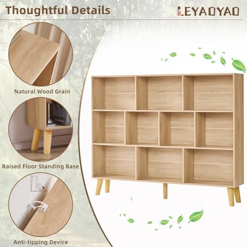 LEYAOYAO 10 Cube Bookshelf,Mid-Century Modern Bookcase with Legs,Light Wood