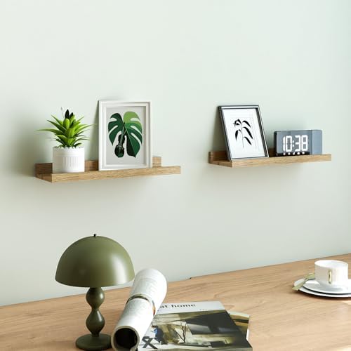 Oak Floating Shelves for Wall Decor, 14 in Shelf with Lip Set of 2