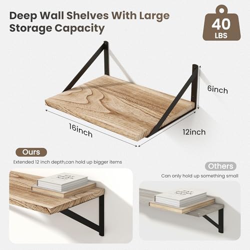 Marsmiles Deep Floating Shelves, 16'' x 12'' Light Wood Shelves Set of 2
