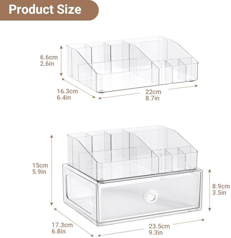 2 Tier Clear Makeup Organizer with Drawer, PET Cosmetic Storage for Dresser, Countertop & Bathroom Vanity, Holders for L