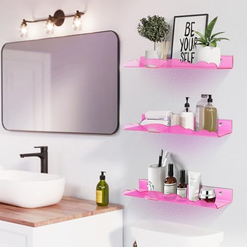 Rainbow Acrylic Floating Shelves, Wall Mounted, 15in, 4 Pack, Pink