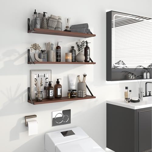 Heimlove Floating Shelves for Wall, 24 Inch Long Wood Floating Shelves Set of 3, Wall Mounted Hanging Shelf for Bathroom