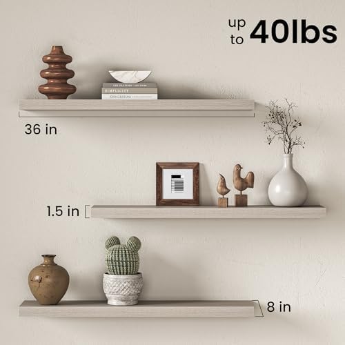 36" Floating Shelves for Wall, Set of 3, 8" Deep, 1.5" Thick, Gray