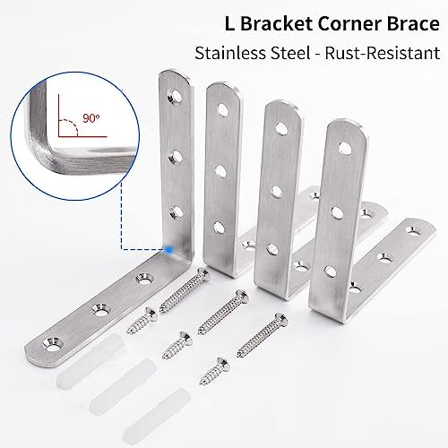 YUMORE 4x4 Inch L Bracket, Heavy Duty Corner Brace, Stainless Steel, 4 Pack