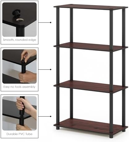 Furinno Turn-N-Tube Toolless Assembly Storage Shelves, 4-Tier Brown Book Shelf, Open Storage Bookshelf, for Organization