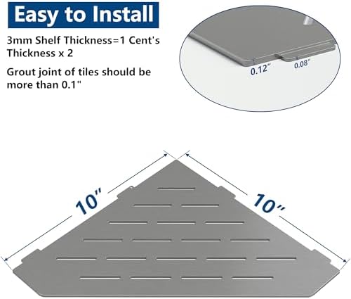 Grey Metal 10 Inch Corner Shower Shelf with Slot Design, 1 Pack