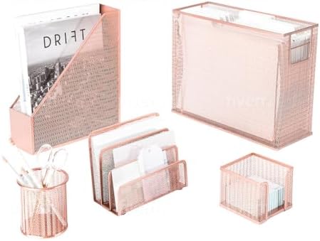 BLU MONACO Rose Gold Desk Organizer Set | 5-Piece Metal Desktop Organization Kit With File Holder, Magazine Rack, Pen Cup, Sticky Note Holder and Letter Sorter | Stylish Office Accessories