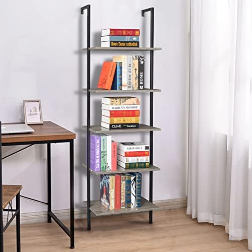 5 Tier Industrial Wall Mounted Bookshelf,Modern Ladder Bookcase Storage Organizer,Open Display Storage Rack,Plant Flower