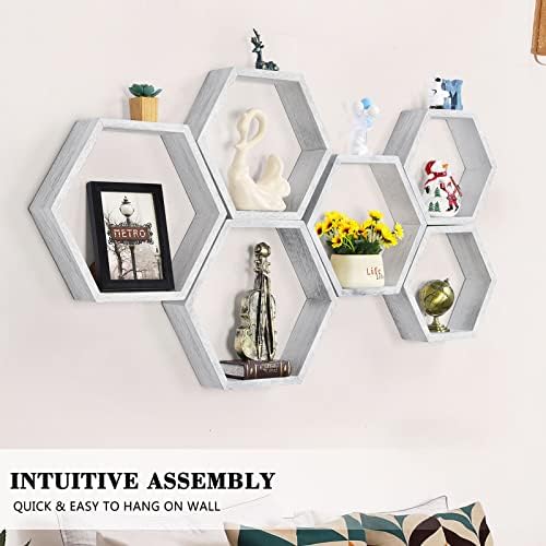 Hexagon Floating Shelves Set of 6, Wall Mounted Wood, Grey