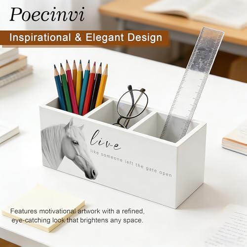 Inspirational White Horse Pen Holder for Home Office Desk, Horse Lover Gifts, Live Like Someone Left the Gate Open Motivational Wooden Box Sign Pencil Holder for Desk Shelf Organizer