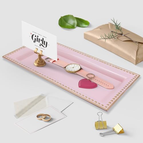 2 Pack Pink Bathroom Vanity Tray for Countertop with Beads, Small Plastic Toilet Tank Versatile Storage Organization Tra