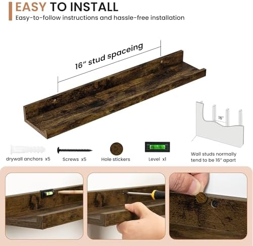 Dreamland Picture Ledge Shelf for Wall, Floating Shelves Set of 2,24 inch Long Floating Shelves with Lip for Living Room,Bedroom,Bathroom,Kitchen,Rustic Brown